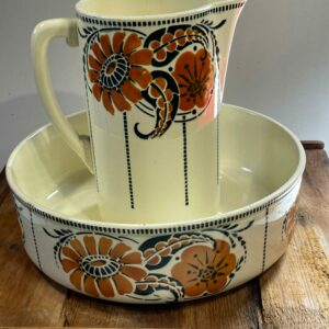Vintage ceramic wash basin and pitcher set by St. Amand - 1920s French antique handmade pottery