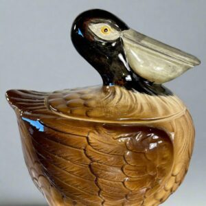 Vintage hand-painted pelican ceramic tureen made from French earthenware with detailed feather textures