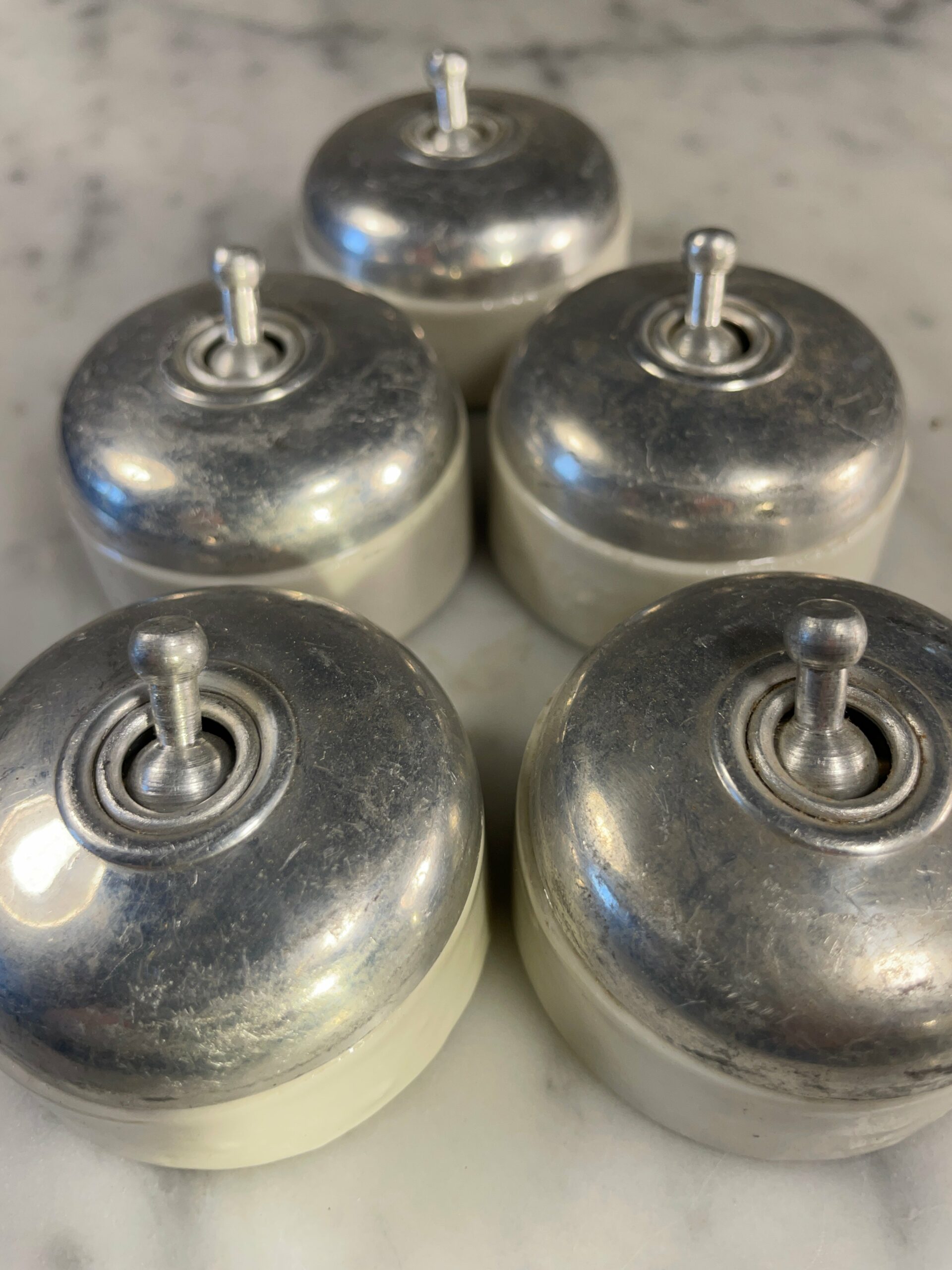 Set of 5 Vintage Metal & Ceramic Toggle Light Switches – Mid-Century - Image 3