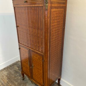 Antique Louis XVI-style French marquetry cabinet with brass gallery and marble top featuring chevron and diamond patterns