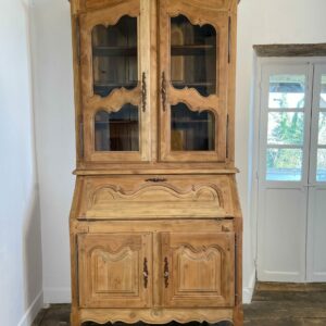 Vintage French Provincial secretary desk cabinet in solid cherry wood with Louis XV-style drop-front desk and glass-paneled display doors, mid-century furniture