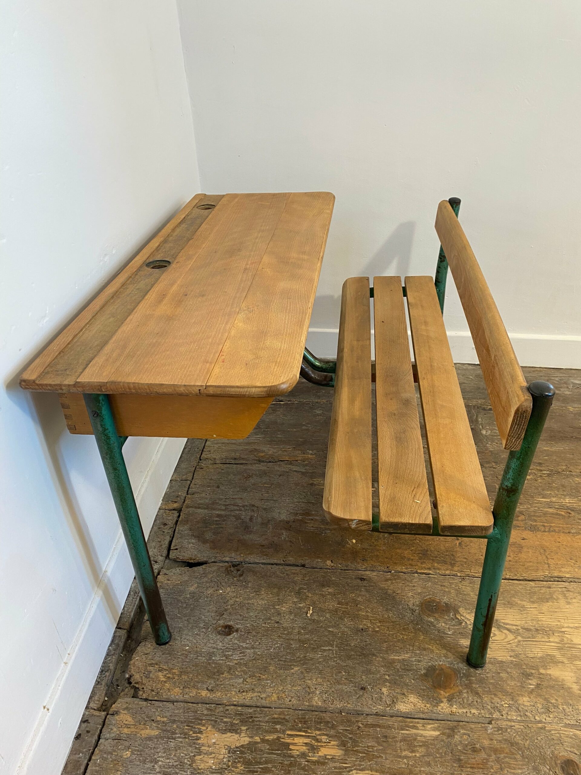 Vintage French School Desk by Delagrave – Wood & Metal Bench, Patina - Image 7