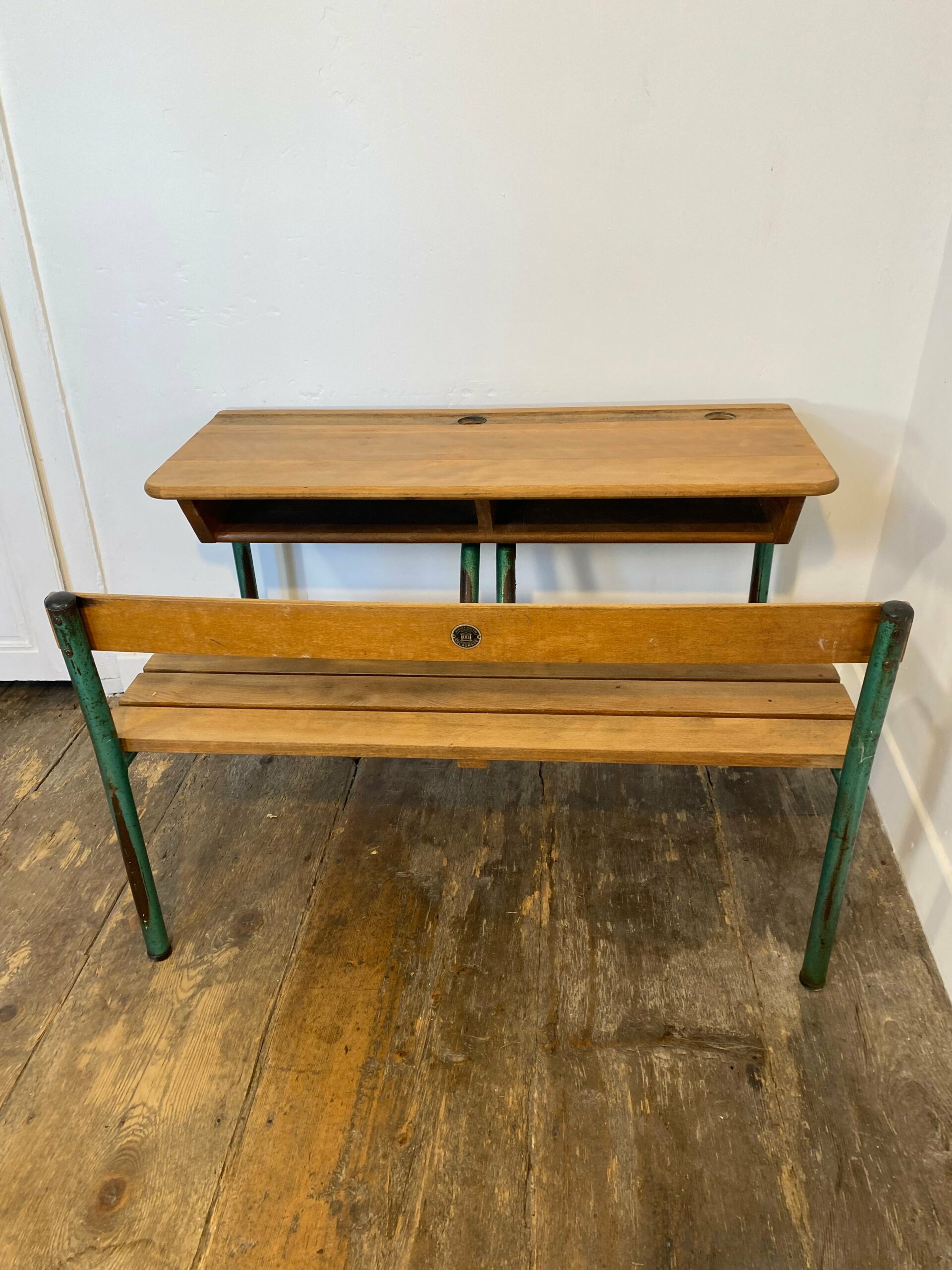 Vintage French School Desk by Delagrave – Wood & Metal Bench, Patina - Image 3