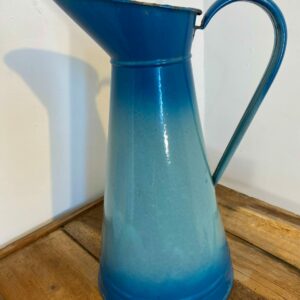 Vintage French blue enamel garden pitcher from 1930-1950 with authentic patina