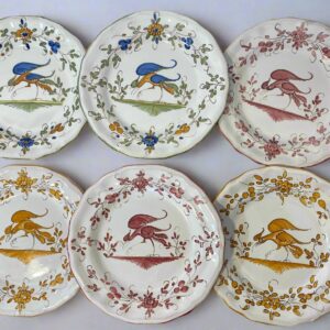 Set of 6 vintage French Moustiers faience plates with hand-painted bird and floral motifs