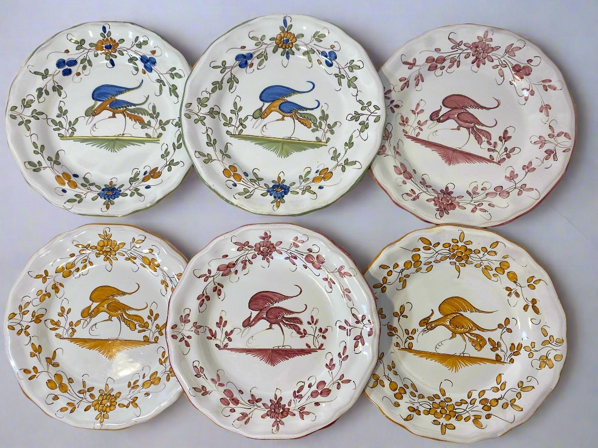 Set of 6 vintage French Moustiers faience plates with hand-painted bird and floral motifs