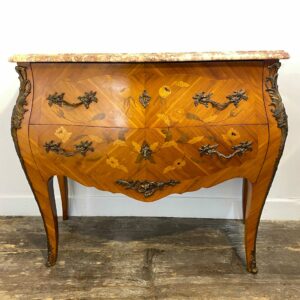 Antique French Louis XV commode with marble top, brass ormolu mounts and marquetry inlay - 18th-century style furniture collectible