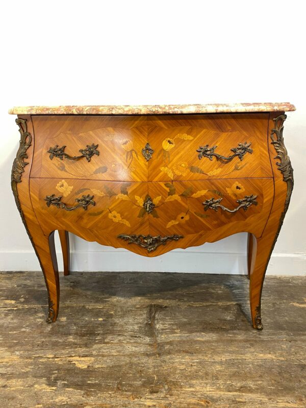 Antique French Louis XV commode with marble top, brass ormolu mounts and marquetry inlay - 18th-century style furniture collectible