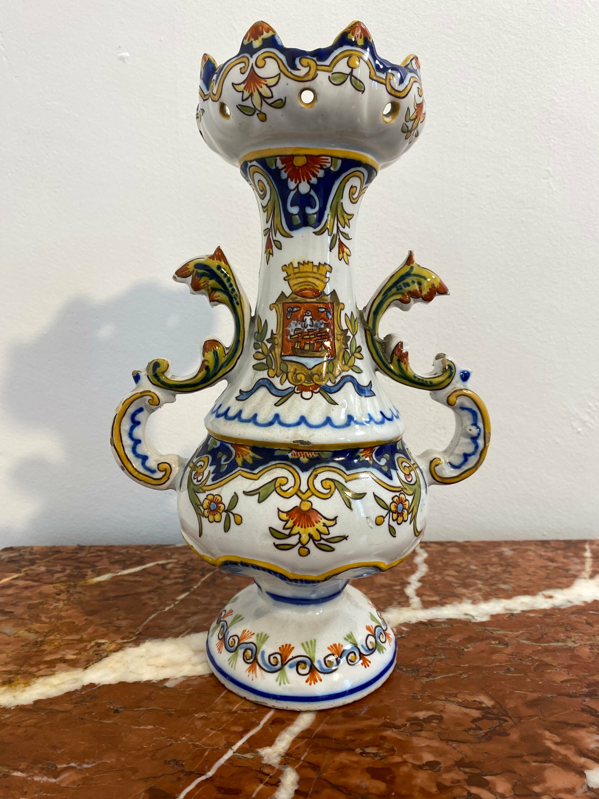 French faience vase from Desvres Les Sables d'Olonne 1779 with hand-painted polychrome floral designs - late 19th century antique