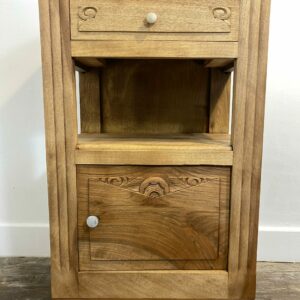 Antique French Provincial walnut bedside cabinet with red marble top - early 20th century rustic furniture with hand-carved motifs
