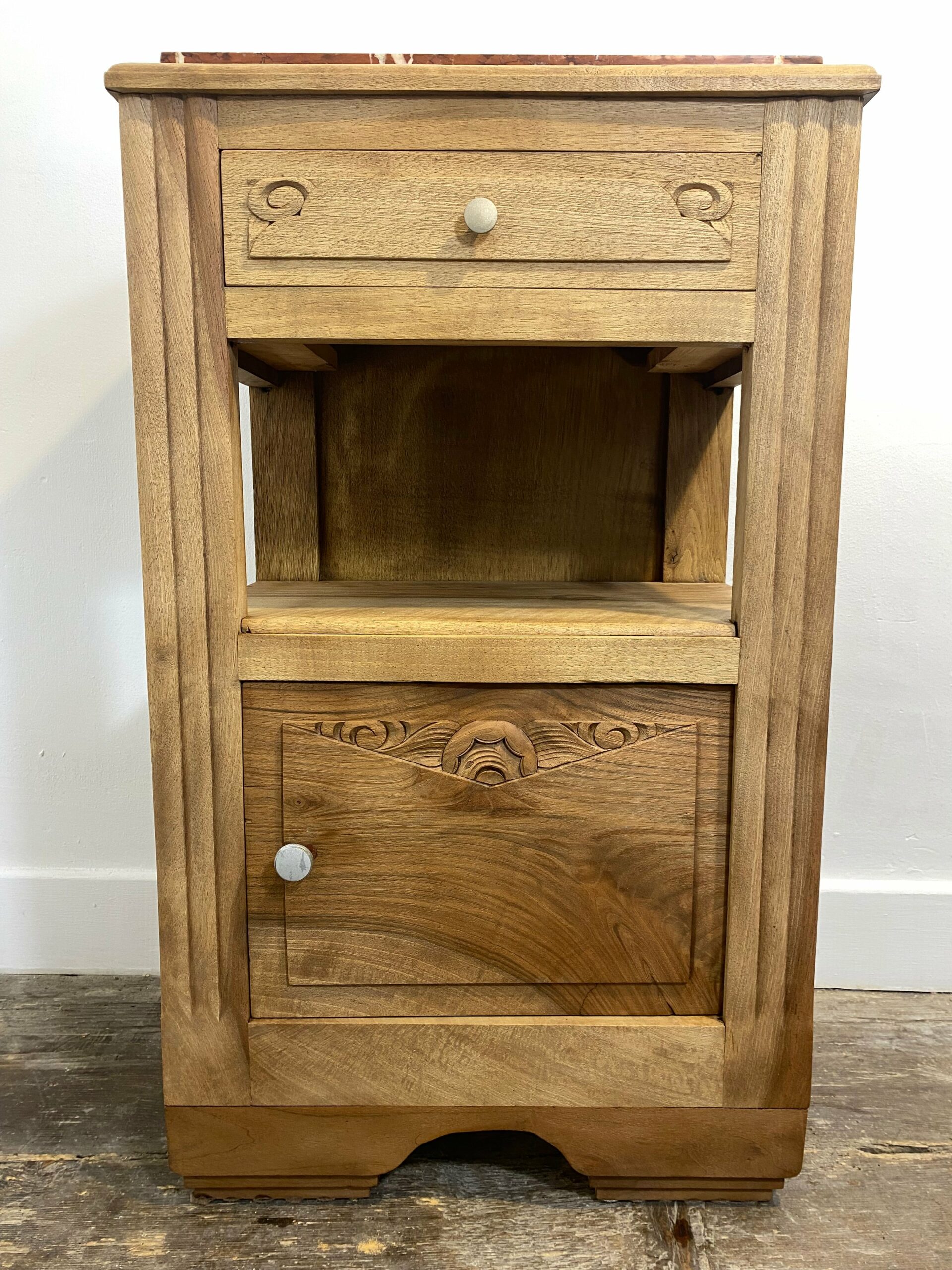 Antique French Provincial walnut bedside cabinet with red marble top - early 20th century rustic furniture with hand-carved motifs