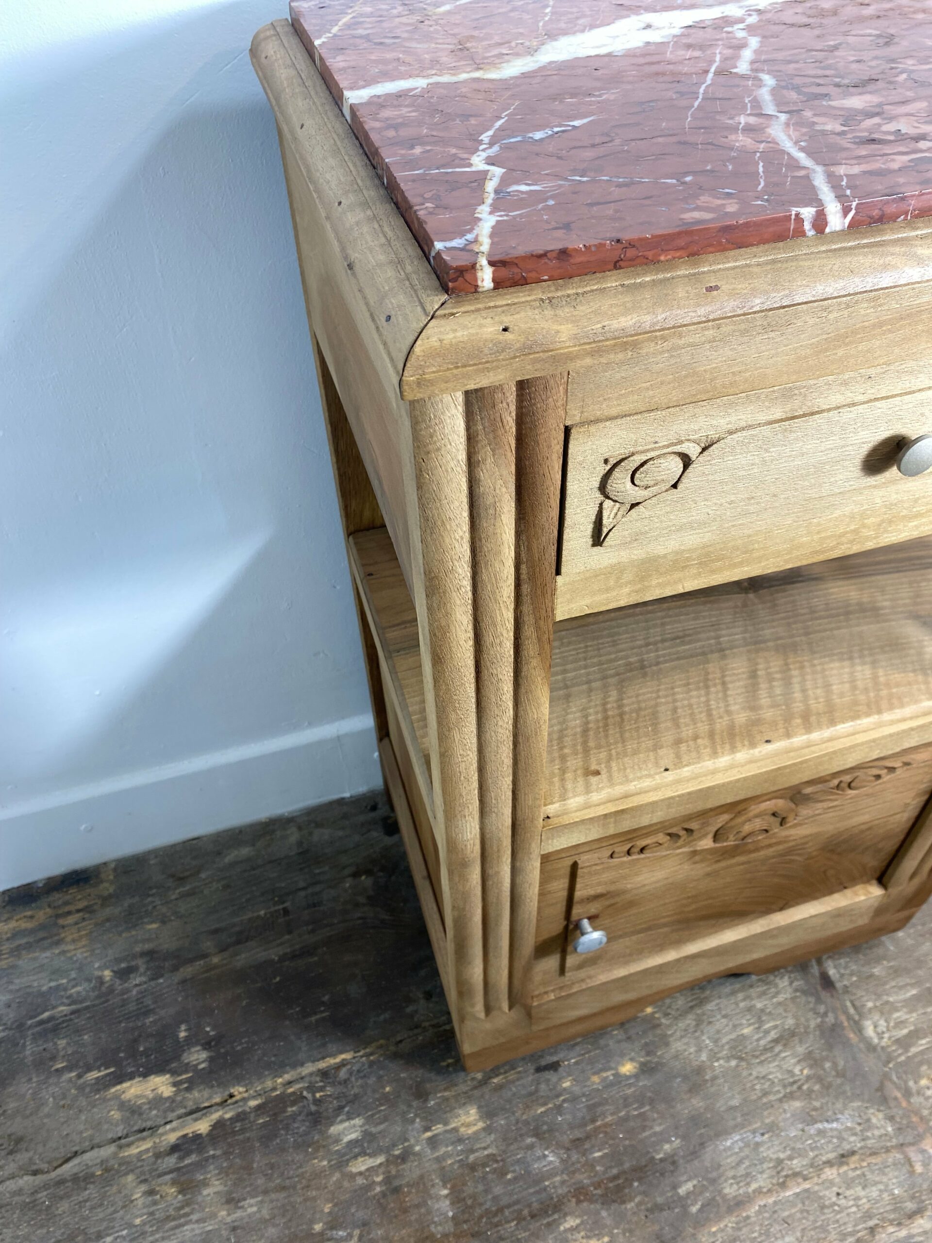 Antique Provincial Walnut Bedside Cabinet with Red Marble Top - Image 3