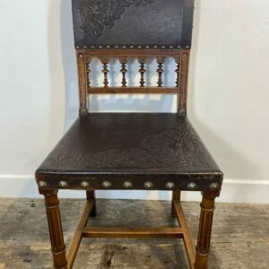 Set of 6 antique French Renaissance Revival dining chairs with embossed leather and carved wood frames - late 19th century