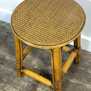 Vintage rattan and cane stool with handwoven seat - mid-century tropical coastal style bohemian furniture from 1950s-70s