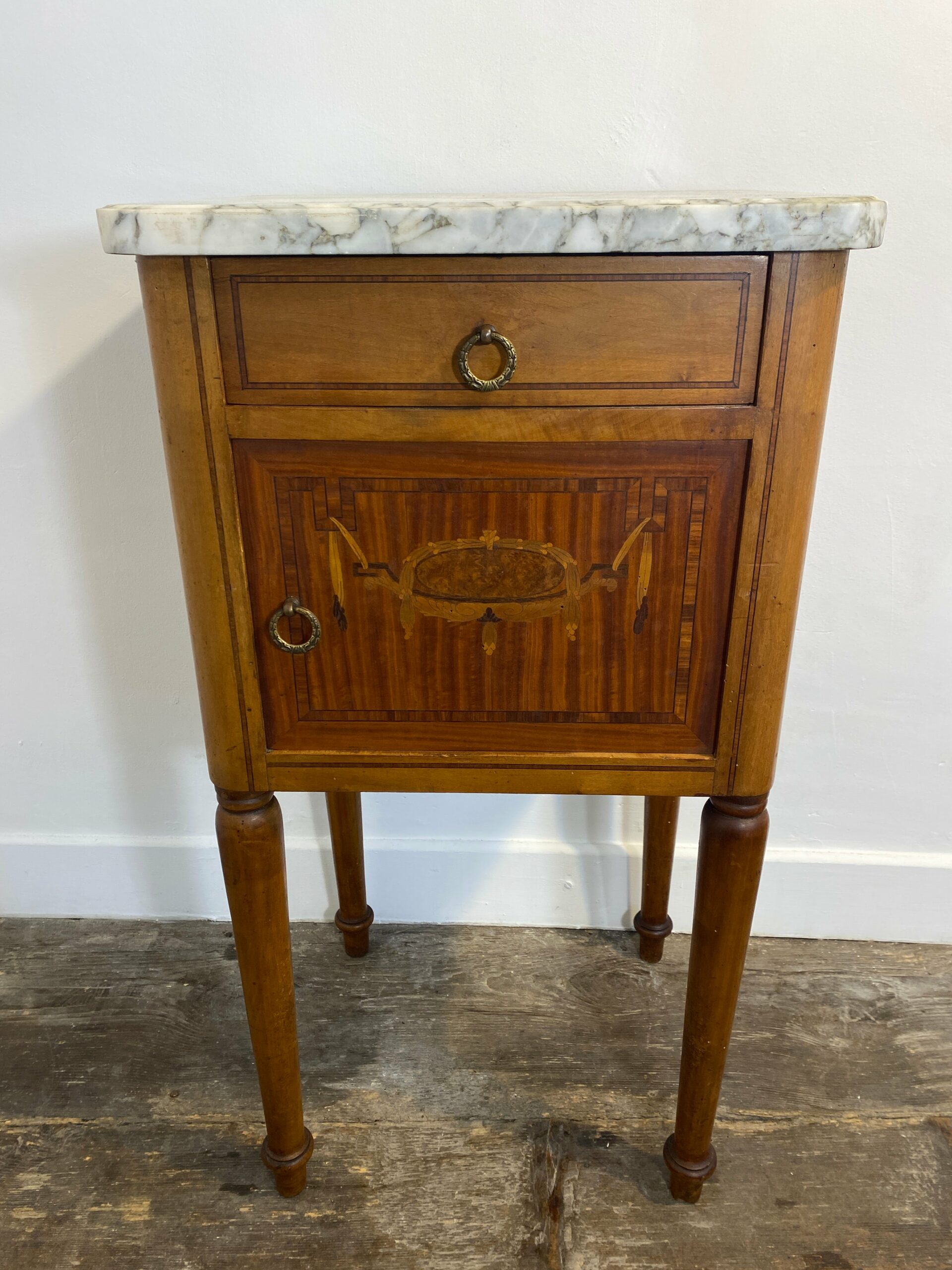 Antique Louis XVI-Style Marble-Top Nightstand with Marquetry - Image 2