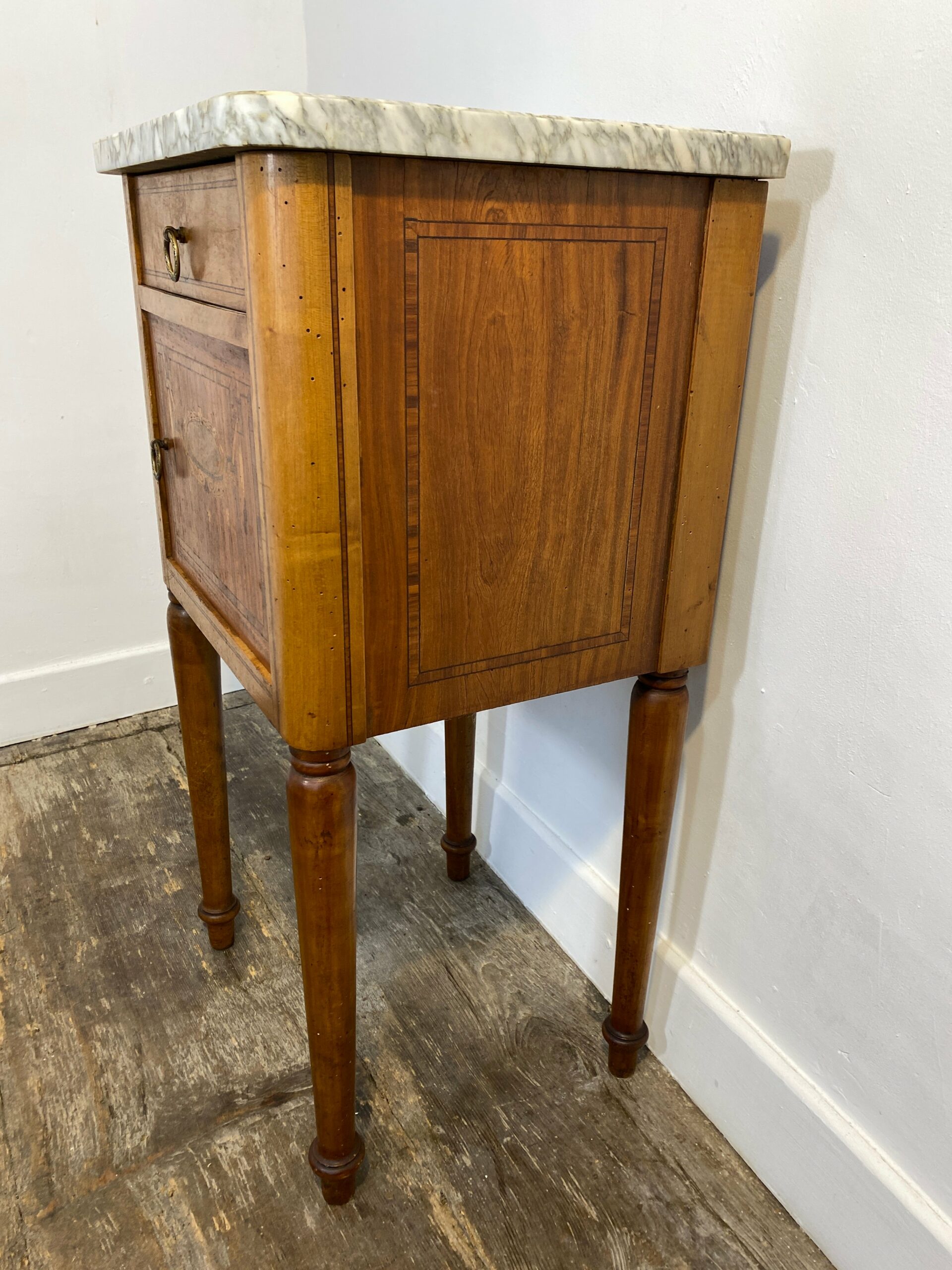Antique Louis XVI-Style Marble-Top Nightstand with Marquetry - Image 5