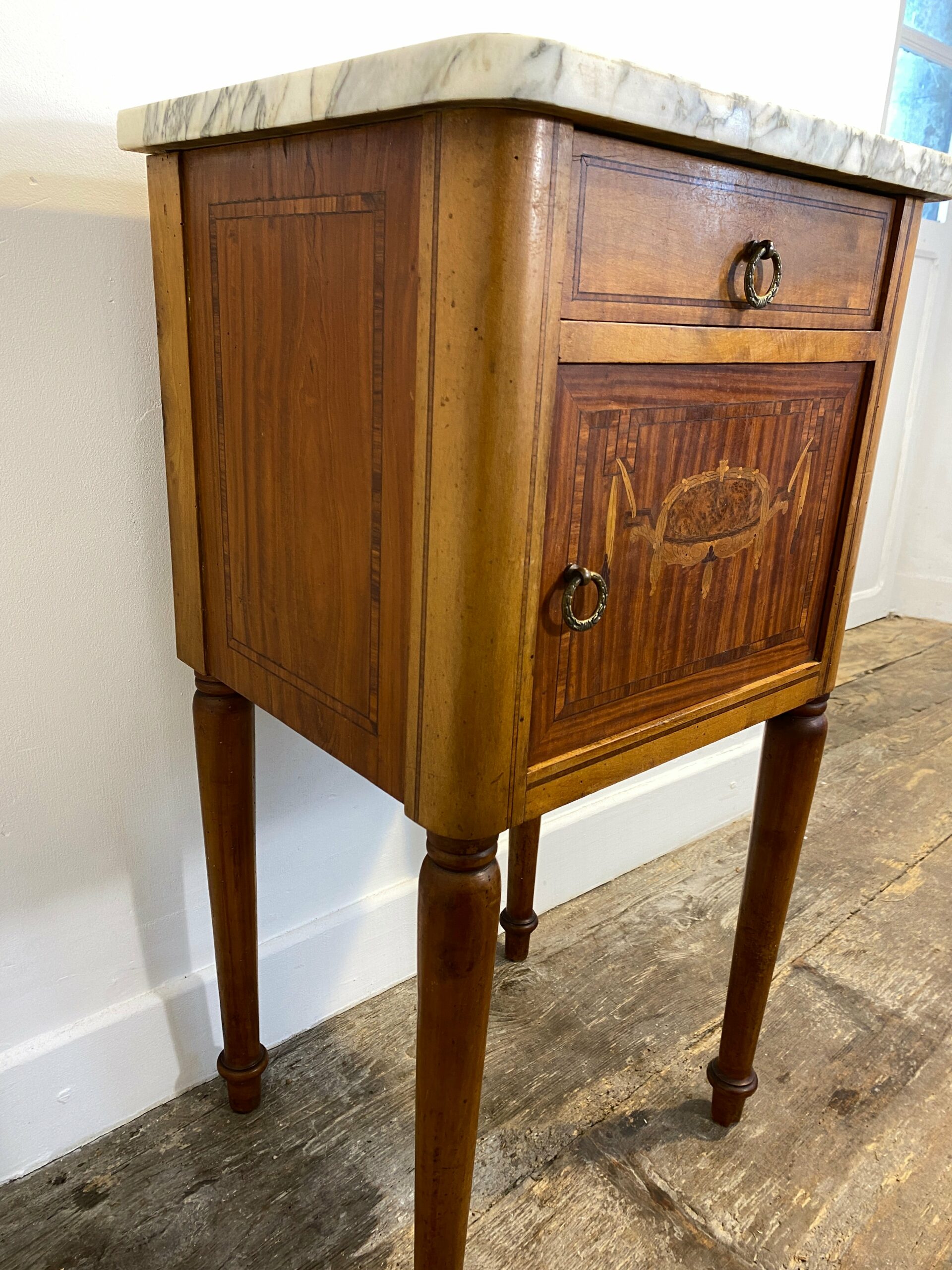 Antique Louis XVI-Style Marble-Top Nightstand with Marquetry - Image 6