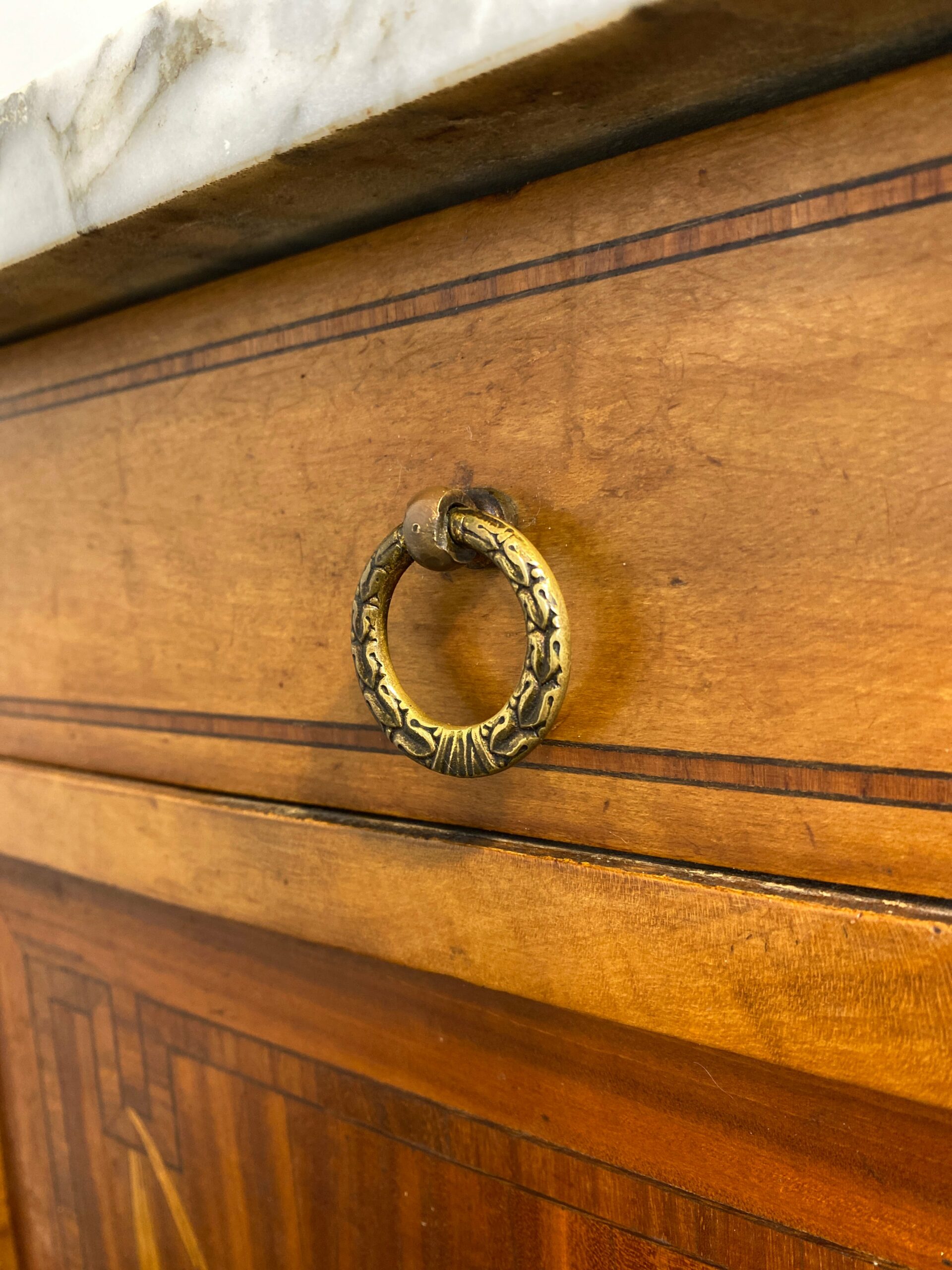 Antique Louis XVI-Style Marble-Top Nightstand with Marquetry - Image 10