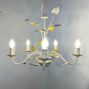 Vintage French toleware chandelier with 5 lights, hand-painted floral leaf design in pastel tones, shabby chic mid-century lighting