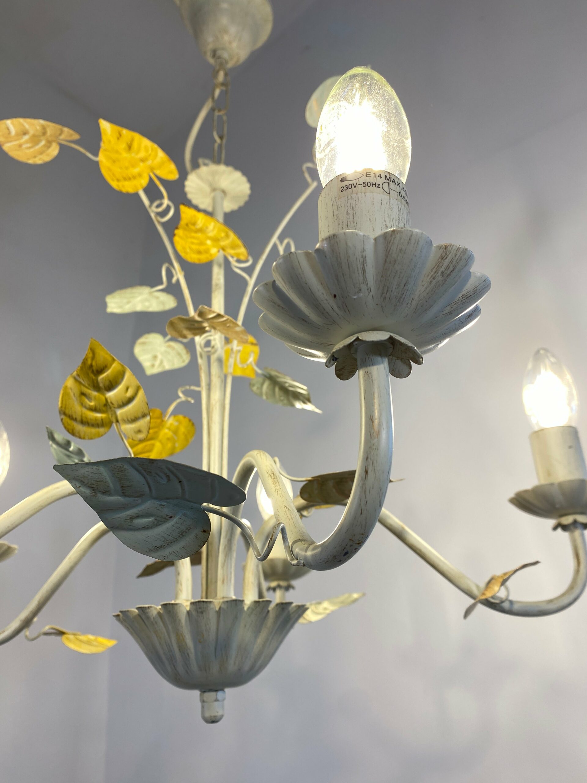 Vintage French Toleware Chandelier 5-Light Floral Leaf Shabby Chic Lighting - Image 2