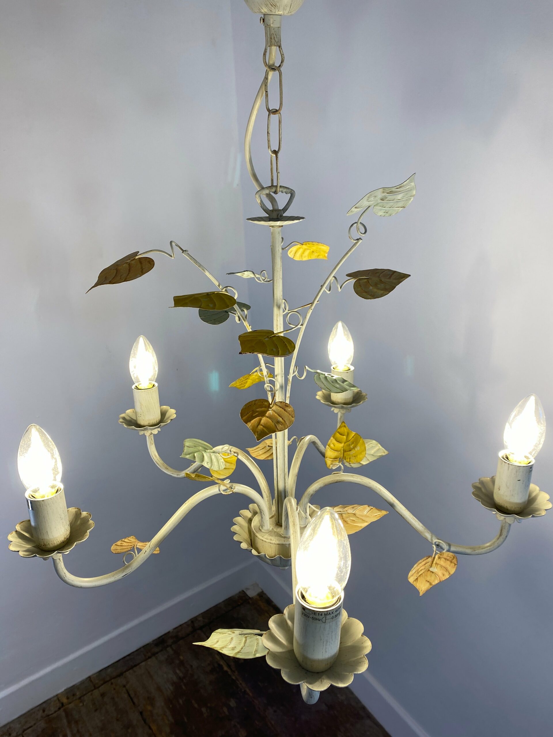 Vintage French Toleware Chandelier 5-Light Floral Leaf Shabby Chic Lighting - Image 4