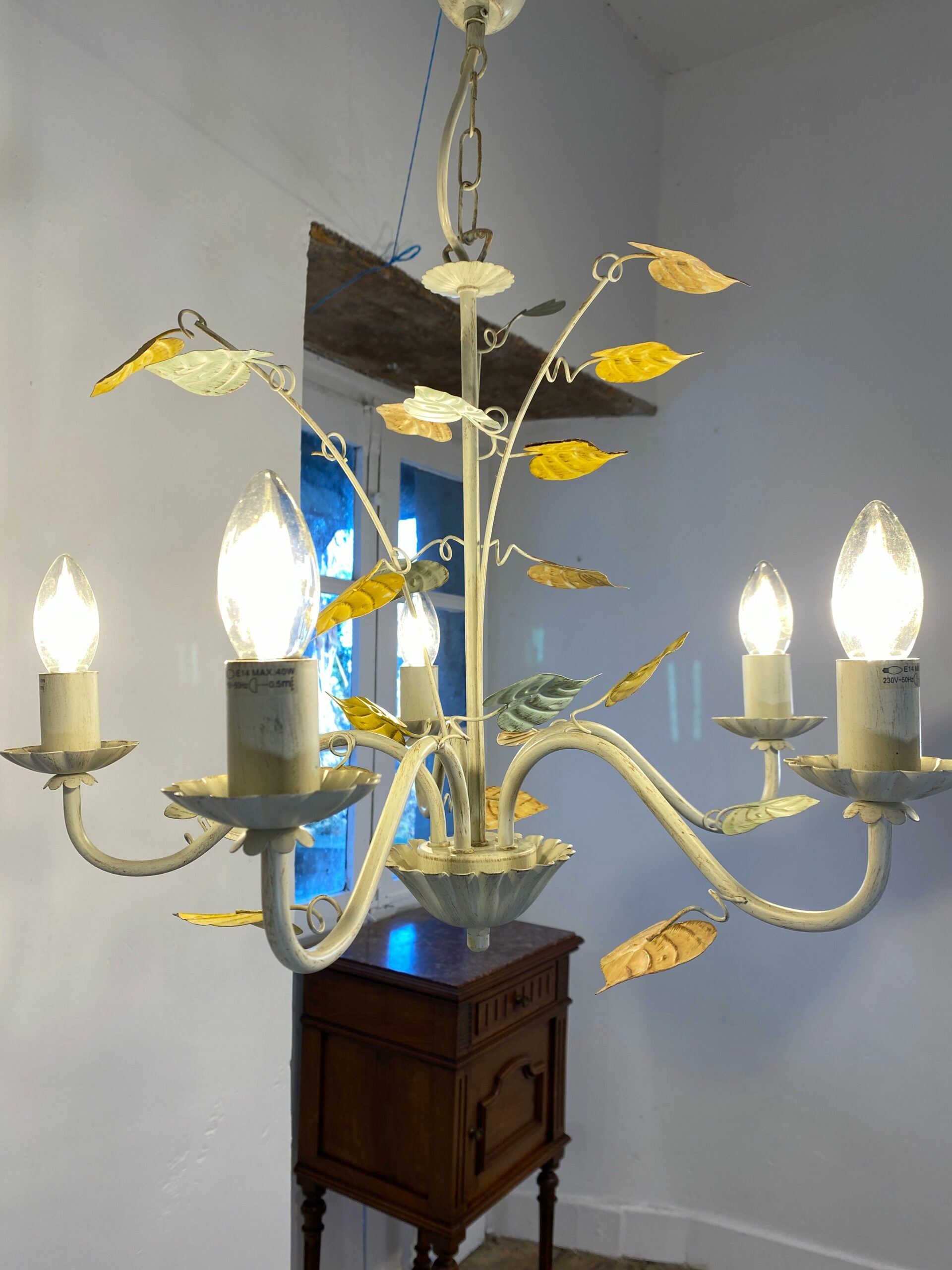 Vintage French Toleware Chandelier 5-Light Floral Leaf Shabby Chic Lighting - Image 7