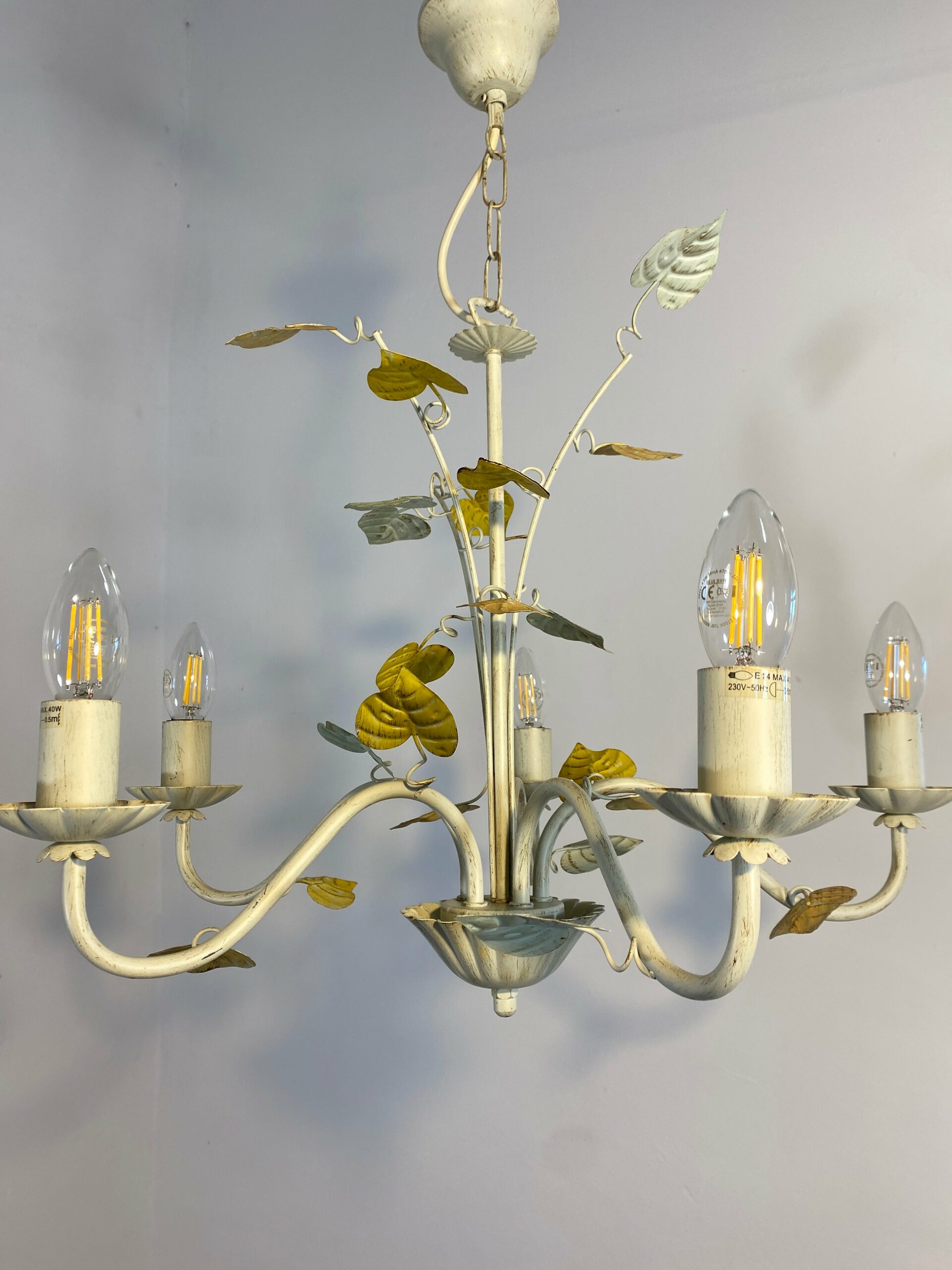 Vintage French Toleware Chandelier 5-Light Floral Leaf Shabby Chic Lighting - Image 13