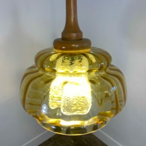 Vintage French mid-century amber glass pendant light with wooden top, retro 1960s-70s ceiling lamp with scalloped textured shade
