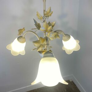 Vintage French toleware chandelier with hand-painted ivy leaves in yellow and blue tones and 3 frosted glass tulip shades, mid-century shabby chic lighting