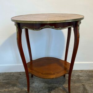 Antique French Louis XV mahogany side table with ormolu mounts, floral marquetry inlay, brass rim, and cabriole legs circa 1900