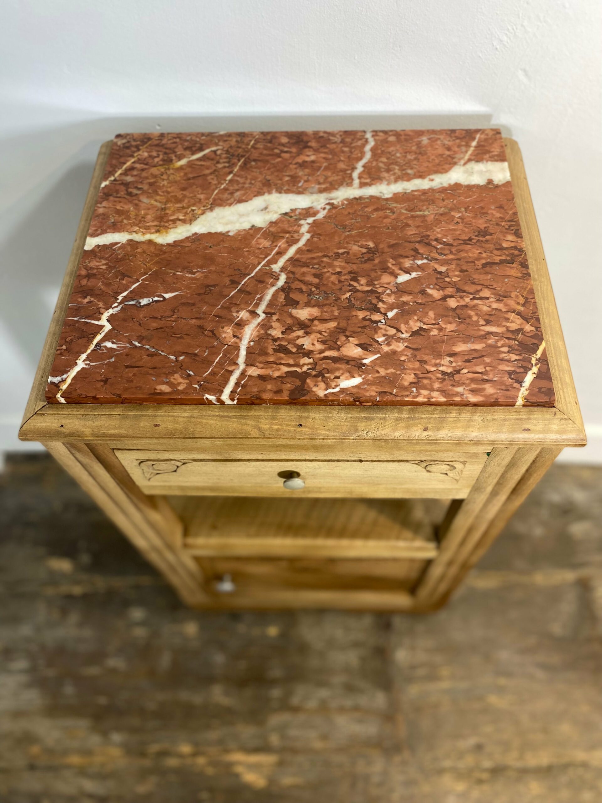 Antique Provincial Walnut Bedside Cabinet with Red Marble Top - Image 2