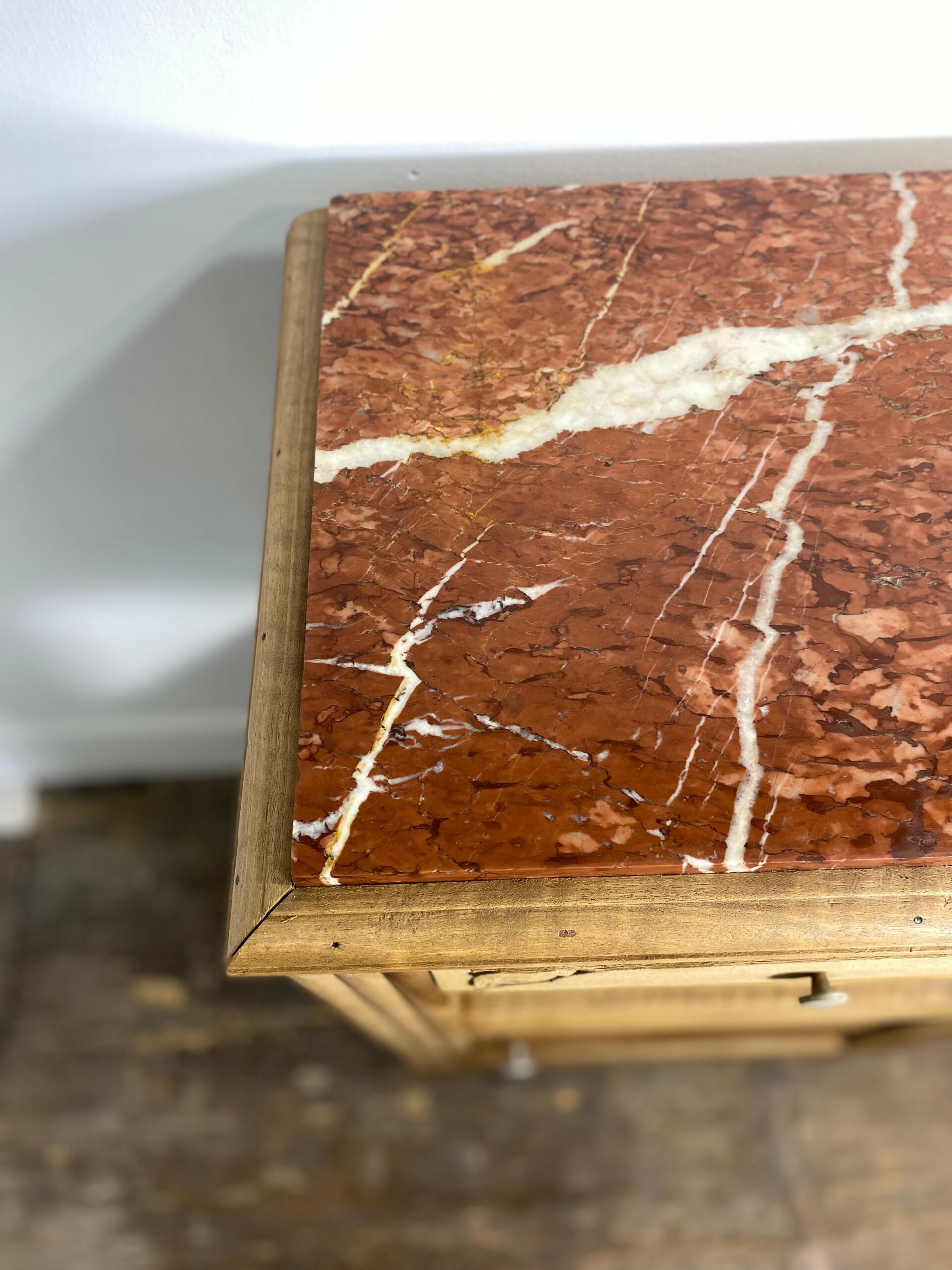 Antique Provincial Walnut Bedside Cabinet with Red Marble Top - Image 4