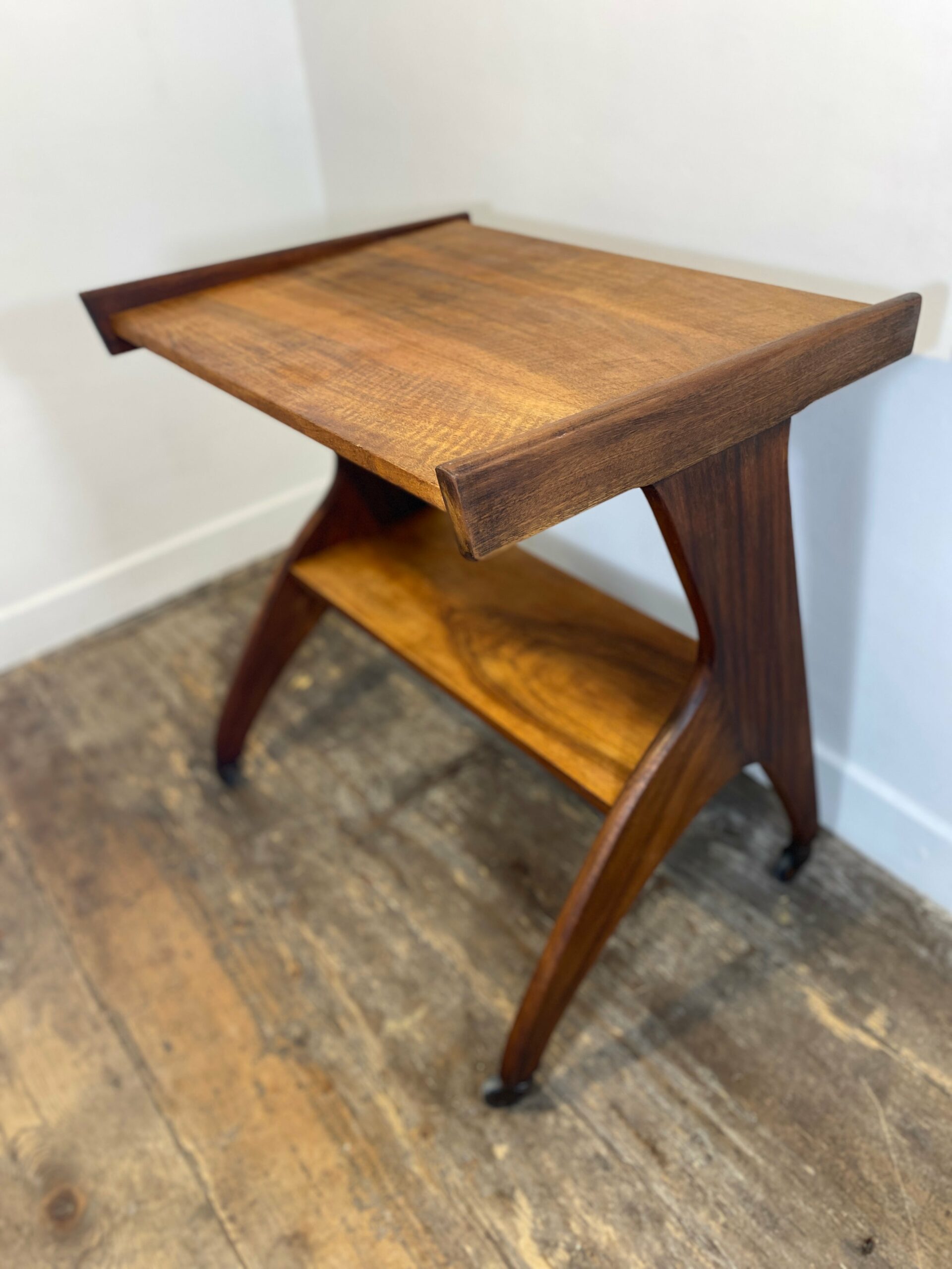 Vintage 1950s Mid-Century Modern Side Table on Casters – Sculptural Solid Wood Design - Image 12